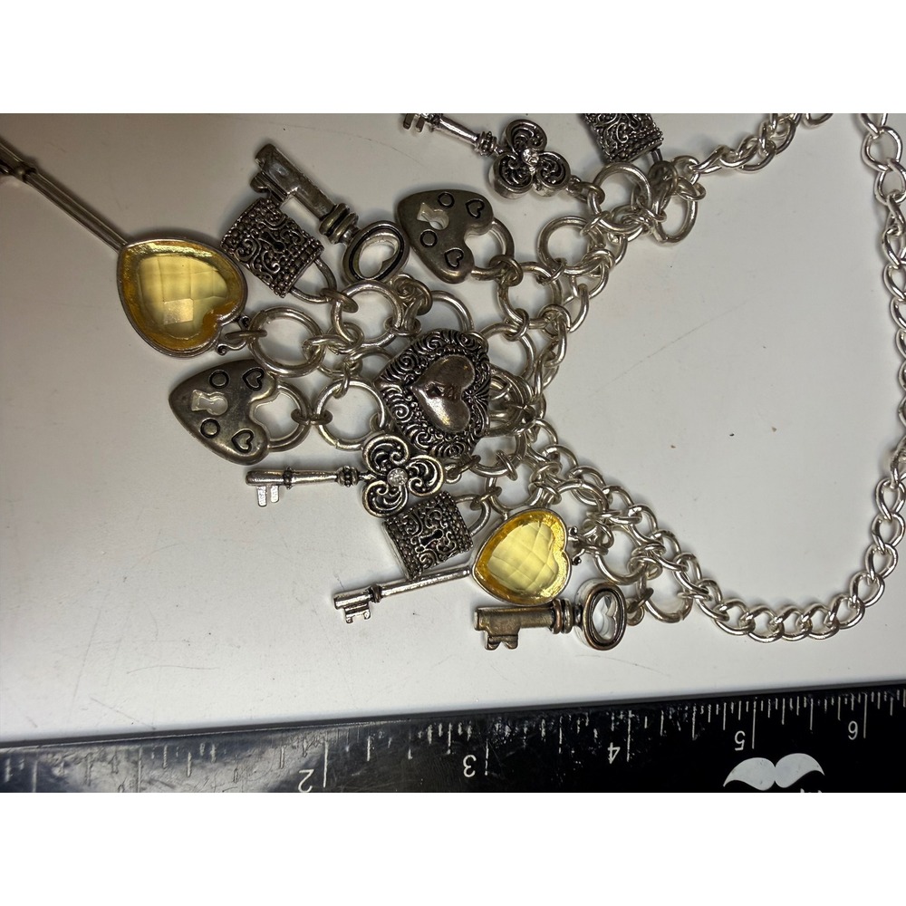 Silver Tone Heart Lock and Key Charm Necklace Yellow Faceted Stones Statement